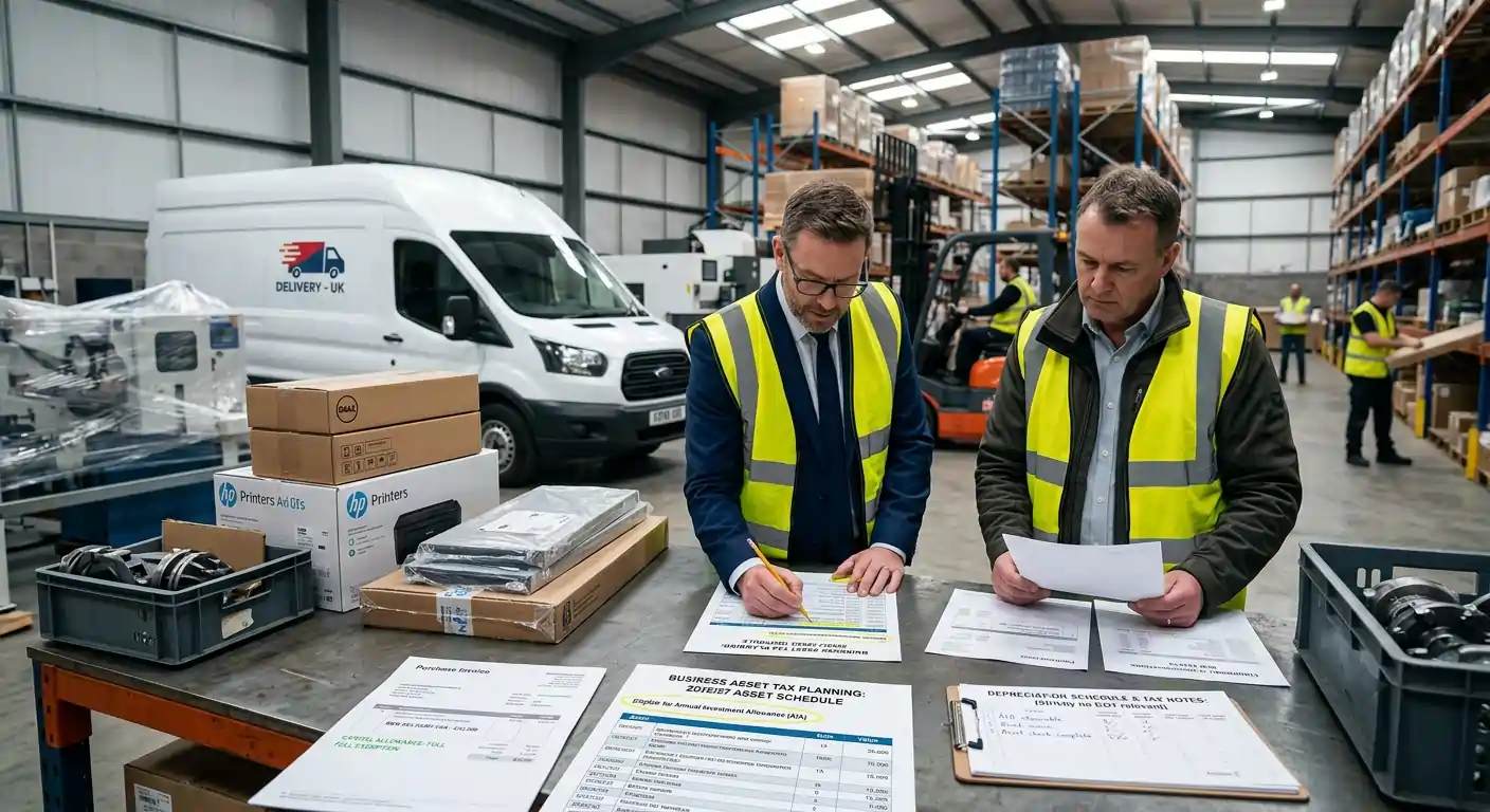 Business owner and accountant reviewing capital allowance tax relief for machinery, vehicles and equipment