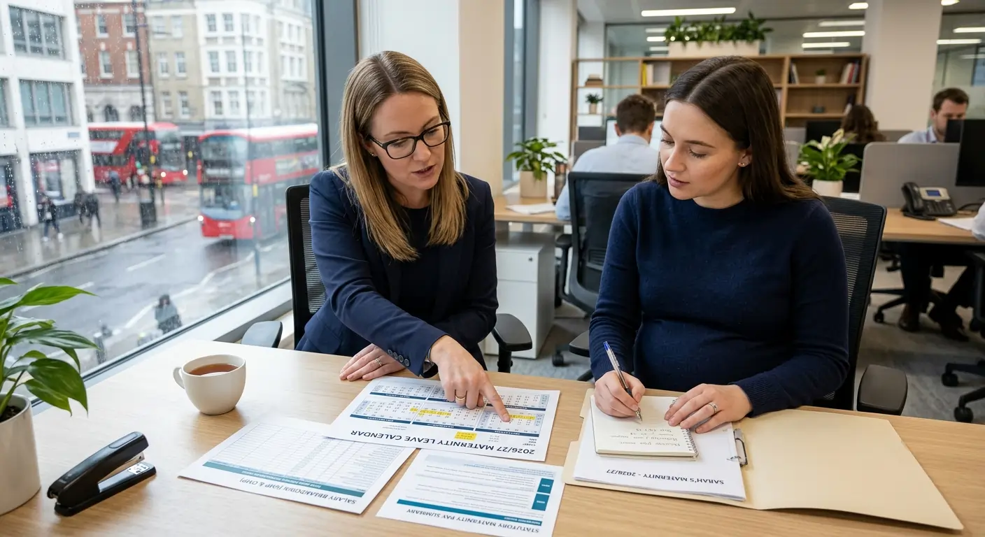 Pregnant employee discussing UK maternity pay and leave plan with HR manager during office meeting