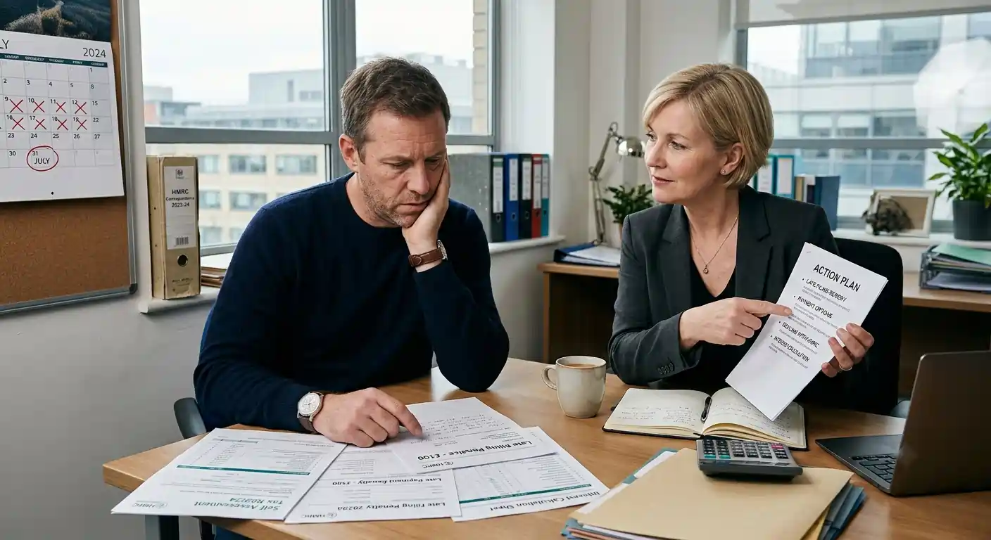 Accountant explaining HMRC Self Assessment penalties and tax deadlines to concerned business owner