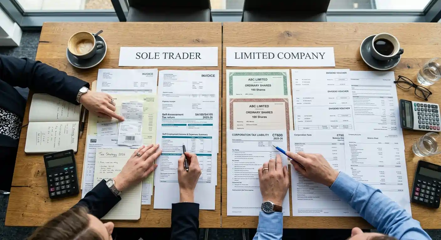 Accountant comparing sole trader and limited company tax documents with business owner in UK office